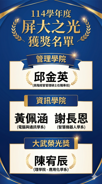 114學年度屏大之光獎及特頒大武榮光獎獲獎名單圖片